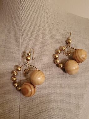 Handcrafted Gold and Natural Wood Bead Hoop Earrings - Women Jewelry